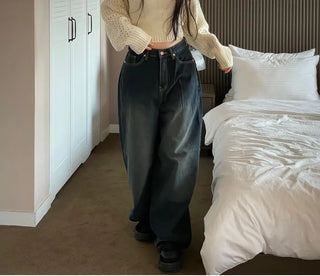 Lujin Vintage Volume Pocket D-Ring Stitch Wide Denim Long Pants