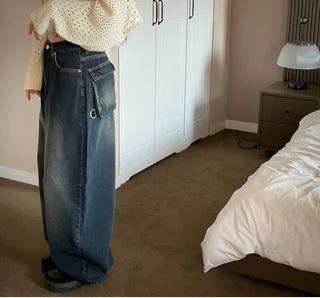 Lujin Vintage Volume Pocket D-Ring Stitch Wide Denim Long Pants