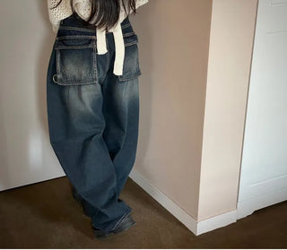 Lujin Vintage Volume Pocket D-Ring Stitch Wide Denim Long Pants
