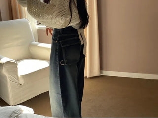 Lujin Vintage Volume Pocket D-Ring Stitch Wide Denim Long Pants