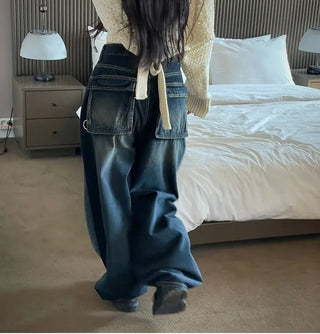 Lujin Vintage Volume Pocket D-Ring Stitch Wide Denim Long Pants