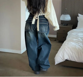 Lujin Vintage Volume Pocket D-Ring Stitch Wide Denim Long Pants