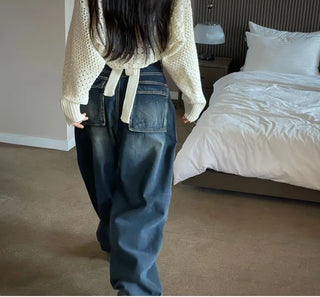 Lujin Vintage Volume Pocket D-Ring Stitch Wide Denim Long Pants