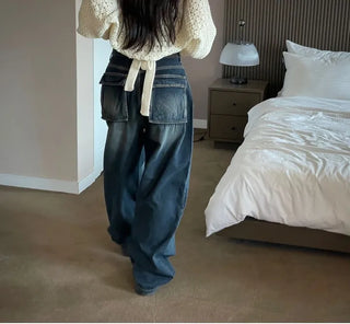 Lujin Vintage Volume Pocket D-Ring Stitch Wide Denim Long Pants