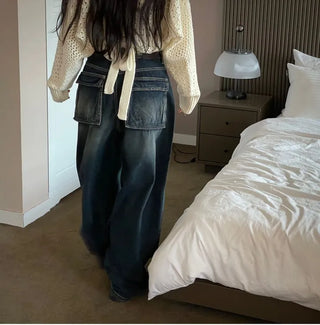 Lujin Vintage Volume Pocket D-Ring Stitch Wide Denim Long Pants