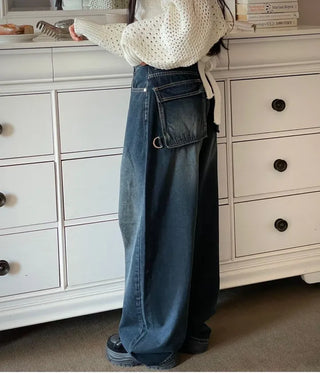 Lujin Vintage Volume Pocket D-Ring Stitch Wide Denim Long Pants