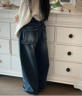 Lujin Vintage Volume Pocket D-Ring Stitch Wide Denim Long Pants