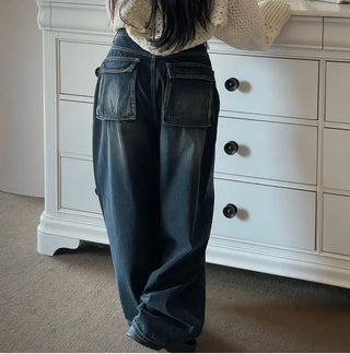Lujin Vintage Volume Pocket D-Ring Stitch Wide Denim Long Pants