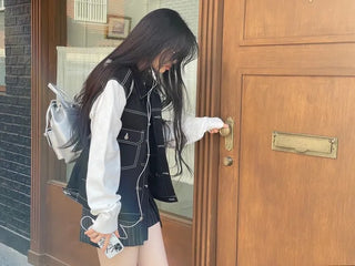 Cook color block stitch loose overfit cotton knit two-button trucker jacket