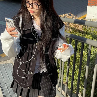 Cook color block stitch loose overfit cotton knit two-button trucker jacket