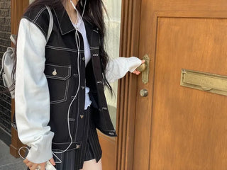 Cook color block stitch loose overfit cotton knit two-button trucker jacket