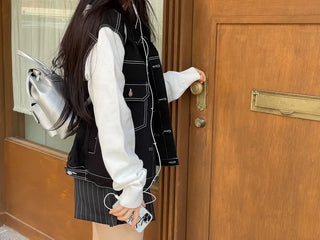 Cook color block stitch loose overfit cotton knit two-button trucker jacket