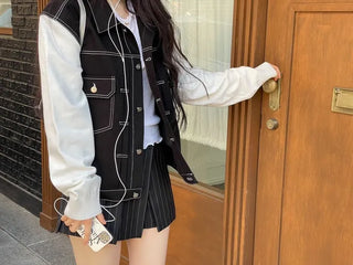 Cook color block stitch loose overfit cotton knit two-button trucker jacket