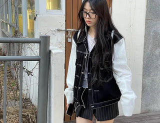 Cook color block stitch loose overfit cotton knit two-button trucker jacket