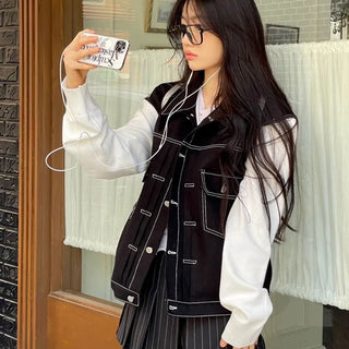 Cook color block stitch loose overfit cotton knit two-button trucker jacket