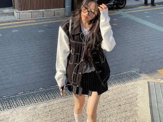 Cook color block stitch loose overfit cotton knit two-button trucker jacket