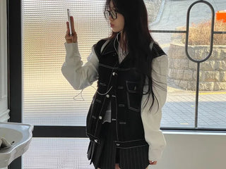 Cook color block stitch loose overfit cotton knit two-button trucker jacket