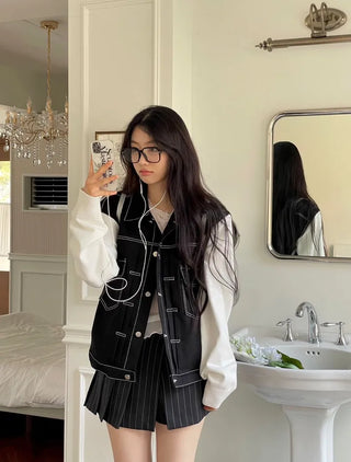 Cook color block stitch loose overfit cotton knit two-button trucker jacket