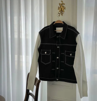 Cook color block stitch loose overfit cotton knit two-button trucker jacket