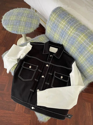 Cook color block stitch loose overfit cotton knit two-button trucker jacket