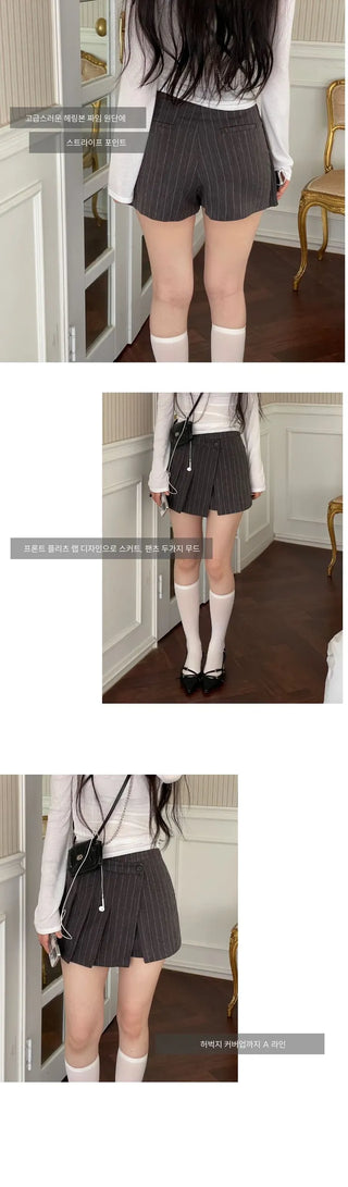 And Classic Herringbone Stripe Pleated Button Mini Skirt