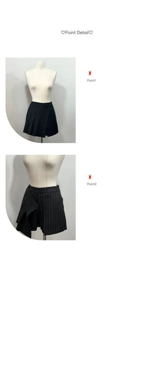 And Classic Herringbone Stripe Pleated Button Mini Skirt