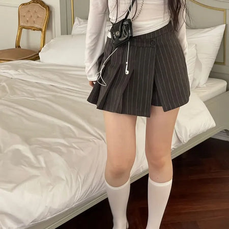 And Classic Herringbone Stripe Pleated Button Mini Skirt