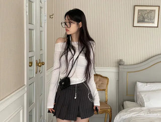 And Classic Herringbone Stripe Pleated Button Mini Skirt