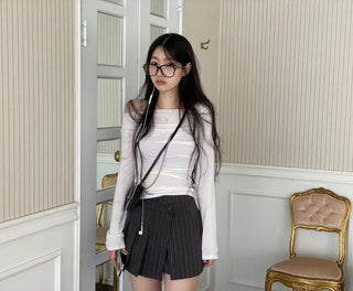 And Classic Herringbone Stripe Pleated Button Mini Skirt