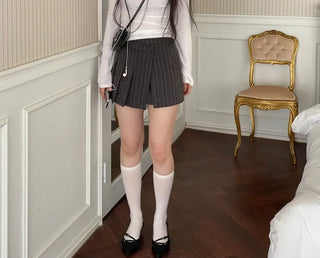 And Classic Herringbone Stripe Pleated Button Mini Skirt
