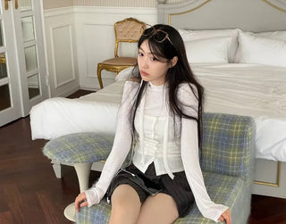 And Classic Herringbone Stripe Pleated Button Mini Skirt