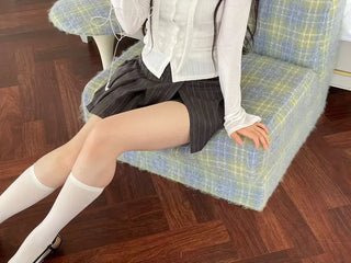 And Classic Herringbone Stripe Pleated Button Mini Skirt
