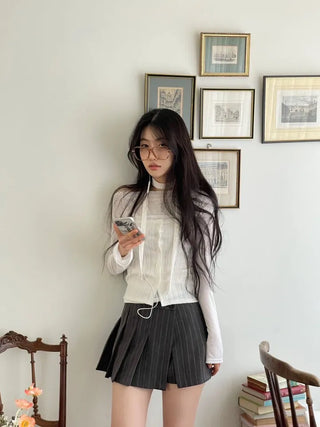 And Classic Herringbone Stripe Pleated Button Mini Skirt