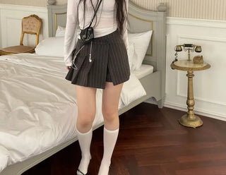 And Classic Herringbone Stripe Pleated Button Mini Skirt