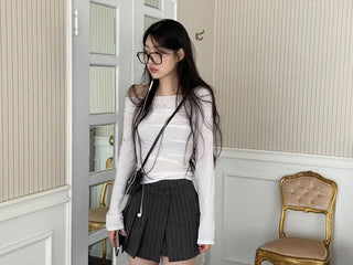 And Classic Herringbone Stripe Pleated Button Mini Skirt