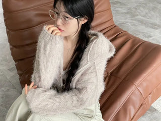 Peanut Buttery Twisted Two-Zip Crop Knit Hooded Zip-Up Cardigan