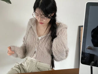 Peanut Buttery Twisted Two-Zip Crop Knit Hooded Zip-Up Cardigan