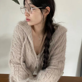 Peanut Buttery Twisted Two-Zip Crop Knit Hooded Zip-Up Cardigan