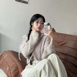 Peanut Buttery Twisted Two-Zip Crop Knit Hooded Zip-Up Cardigan