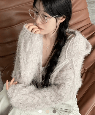 Peanut Buttery Twisted Two-Zip Crop Knit Hooded Zip-Up Cardigan