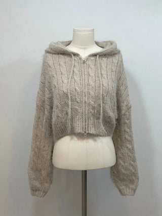 Peanut Buttery Twisted Two-Zip Crop Knit Hooded Zip-Up Cardigan