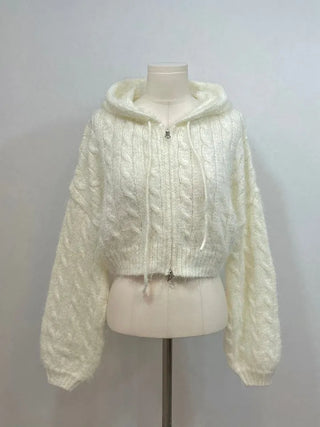 Peanut Buttery Twisted Two-Zip Crop Knit Hooded Zip-Up Cardigan