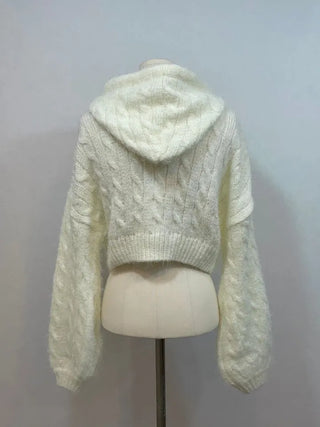 Peanut Buttery Twisted Two-Zip Crop Knit Hooded Zip-Up Cardigan
