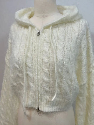 Peanut Buttery Twisted Two-Zip Crop Knit Hooded Zip-Up Cardigan