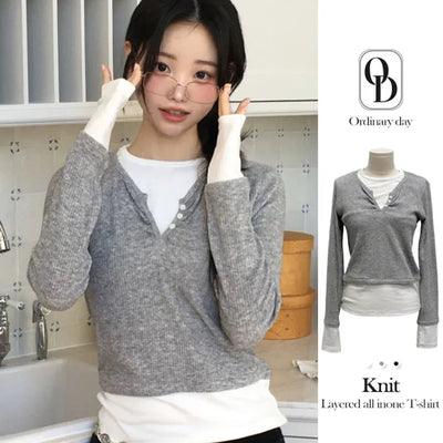Fiorin Color Block Layered Button Wool Long Sleeve Knit T-Shirt in