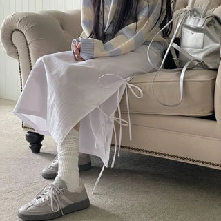 Rear-breasted ribbon side-slit banding long skirt