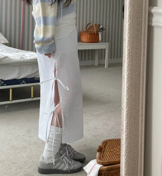 Rear-breasted ribbon side-slit banding long skirt