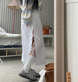 Rear-breasted ribbon side-slit banding long skirt