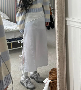 Rear-breasted ribbon side-slit banding long skirt