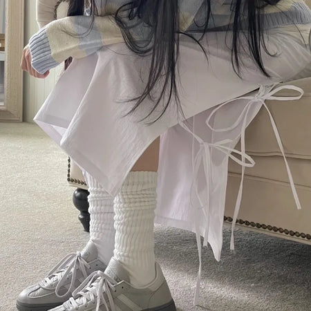 Rear-breasted ribbon side-slit banding long skirt